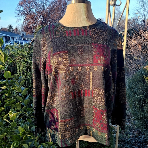 Size XL/1X/2X Vintage BonWorth Green Red Gold Christmas Sweater Tee - Picture 2 of 6